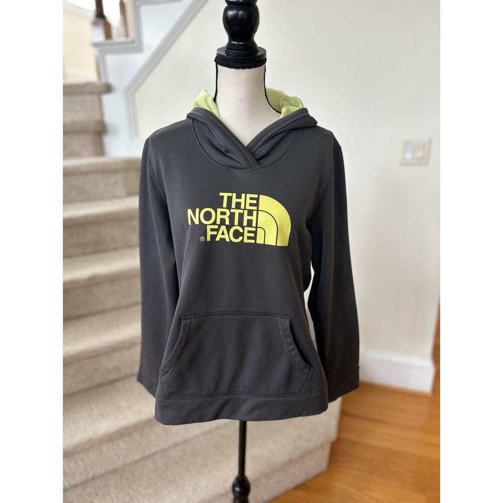 North Face Grey Lime Green Long Sleeve Kangaroo Pocket Hoodie